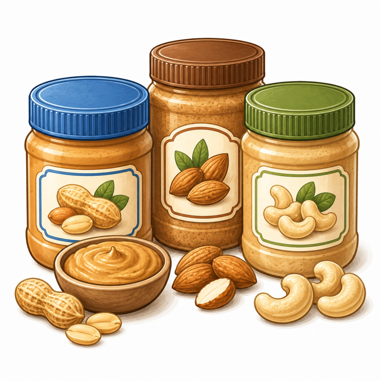icon of three jars of nut butters. one peanut, one almond, and one cashew butter jars
