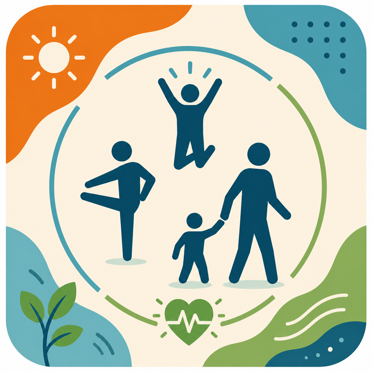 icon of stick figures doing physical activity such as dancing, jumping and walking