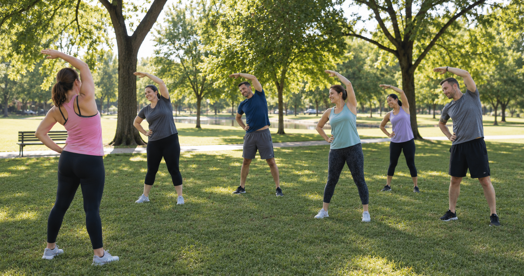 Adults in a shaded park area stretching doing yoga