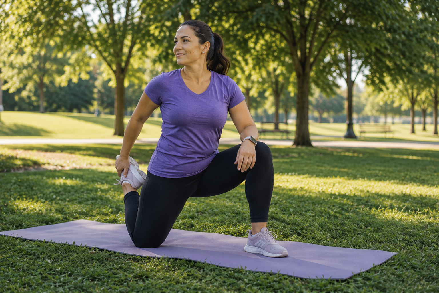 woman on purple yoga mat and purple shirt doing a leg stretch 