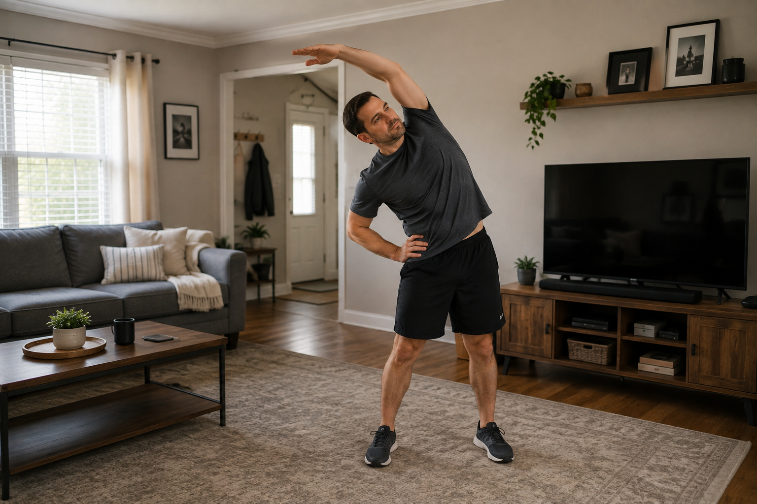 male in black attire doing a side stretch in home