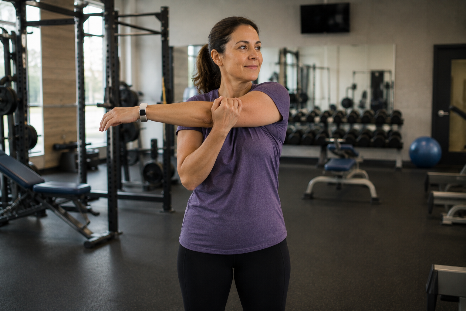 woman in purple shirt in gym doing an arm stretch 