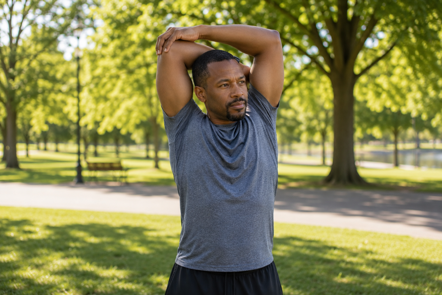 African American male doing a tricep stretch in a park 
