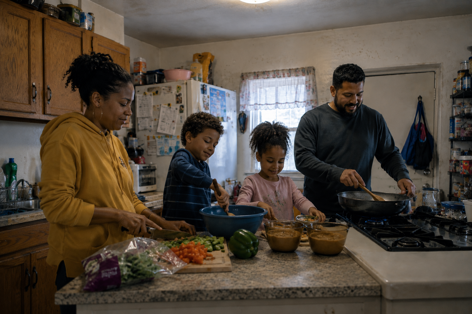 family with a boy and girl all cooking together in their kitchen
