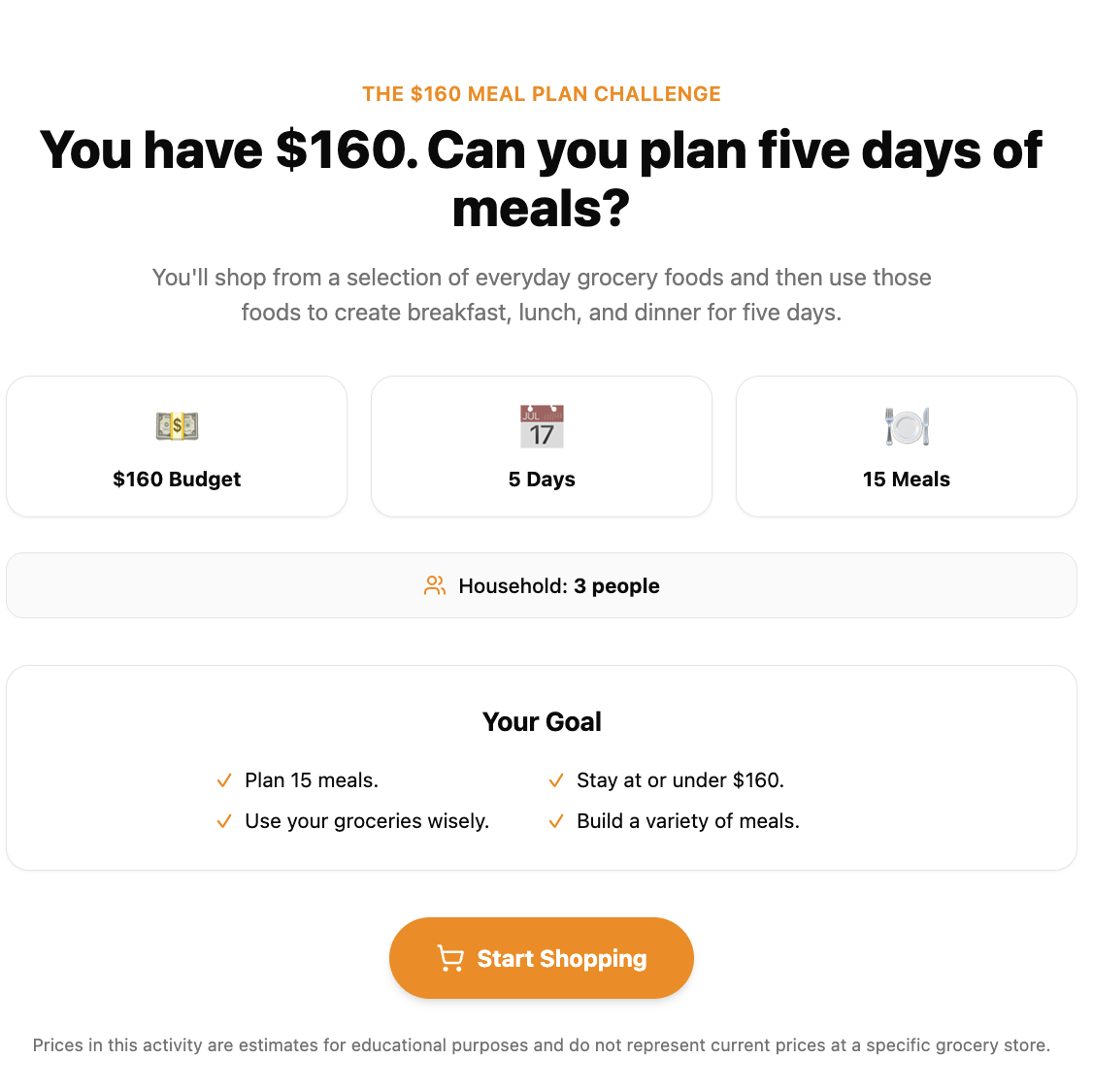 image of the home screen of the Build a Meal Plan game 
